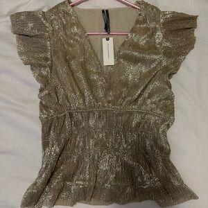 Anthropologie Metallic Gold Pleated Flutter-Sleeve V-Neck Top